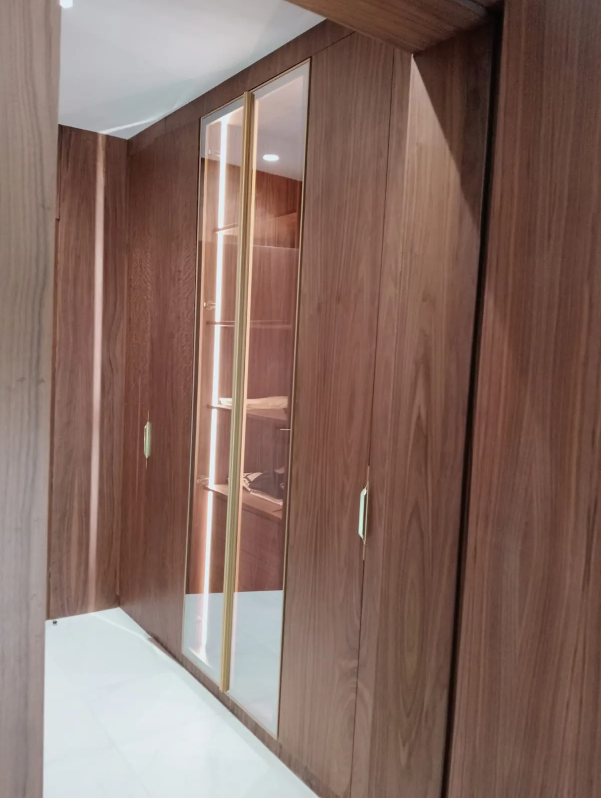Mur de placards en bois foncé veiné à portes affleurantes et poignées dorées, une porte vitrée à profil doré éclairée de l’intérieur.