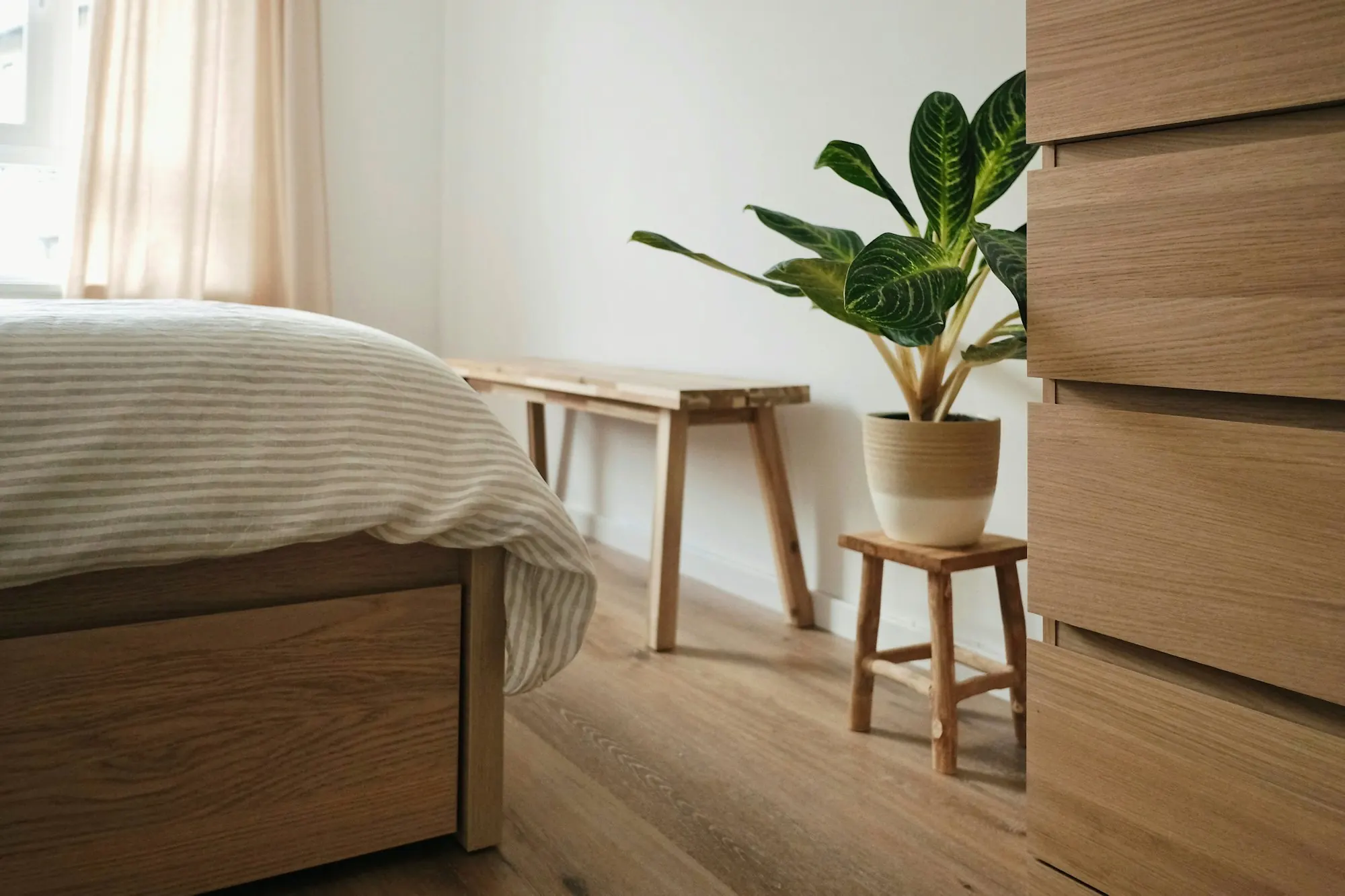 Chambre : lit à tiroir et commode en bois clair, banc en bois, plante sur un tabouret, parquet clair.