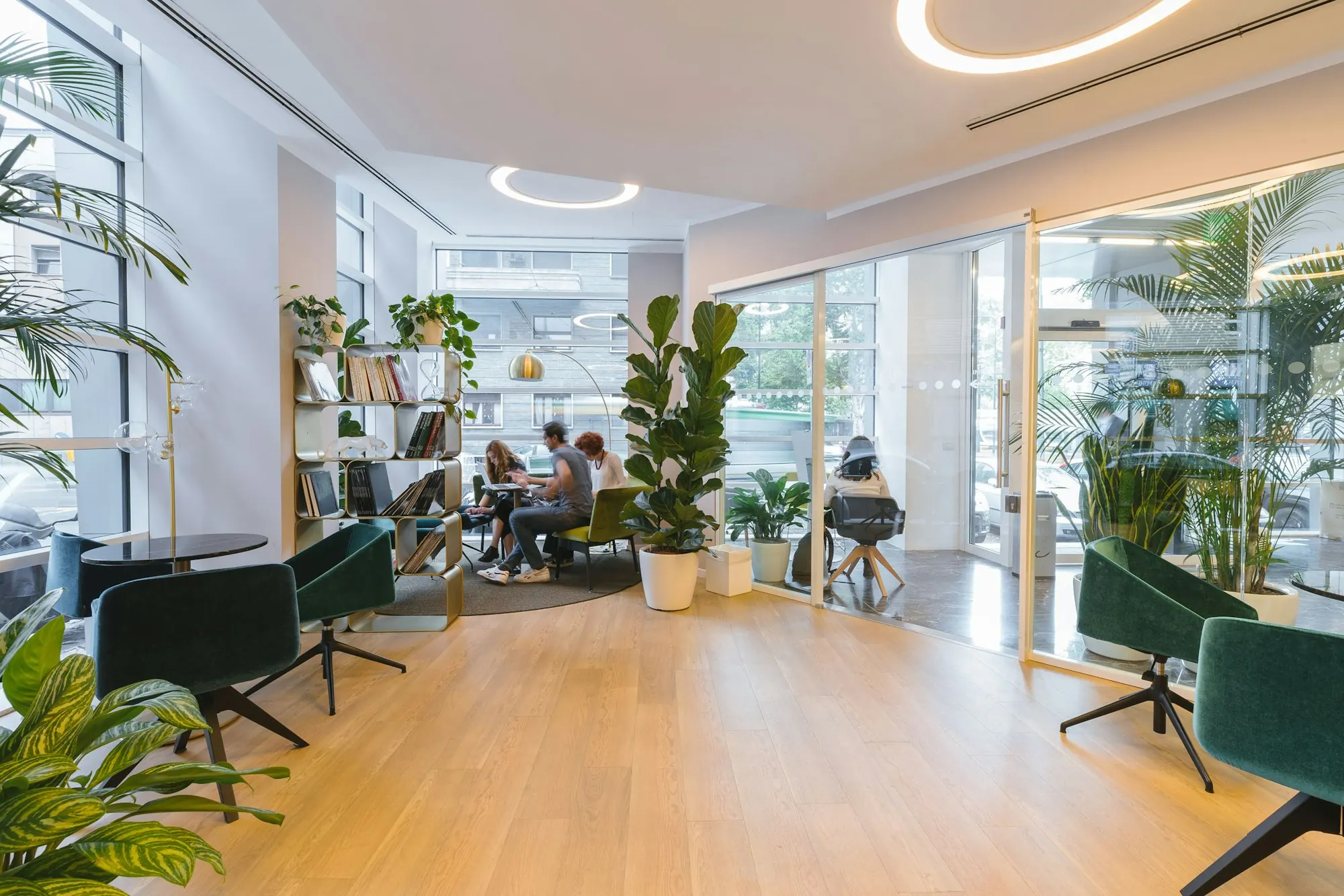 Open space sur parquet clair : fauteuils vert sapin, bibliothèque, plantes et paroi vitrée.