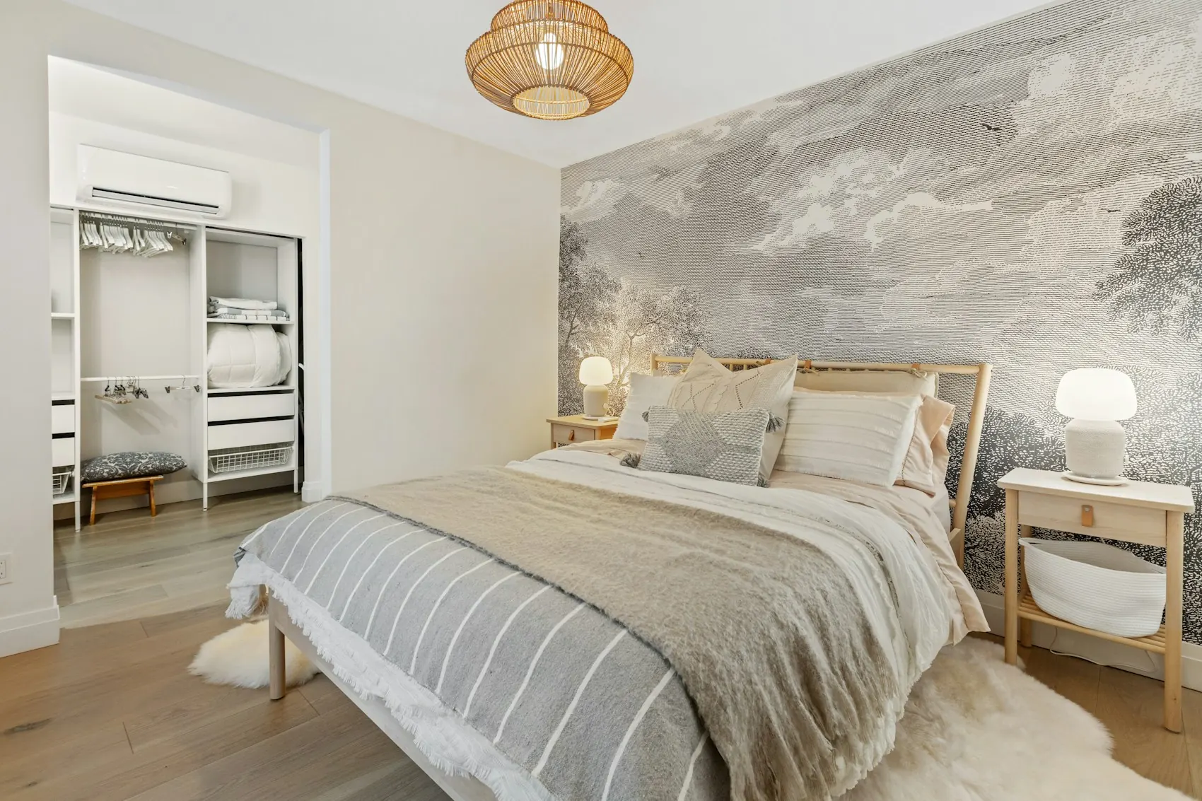 Chambre : papier peint panoramique gris, ciel nuageux et arbres gravés, derrière un lit en bois clair à linge écru.
