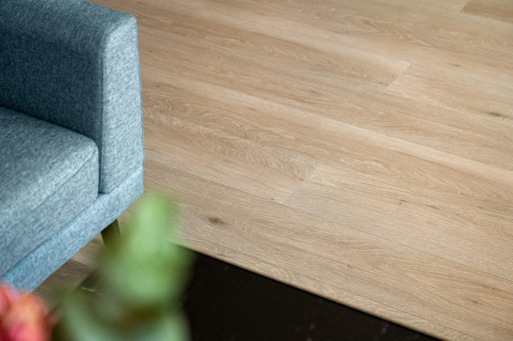 Parquet clair à lames larges vu en biais, pied de canapé bleu et fleurs floues au premier plan.