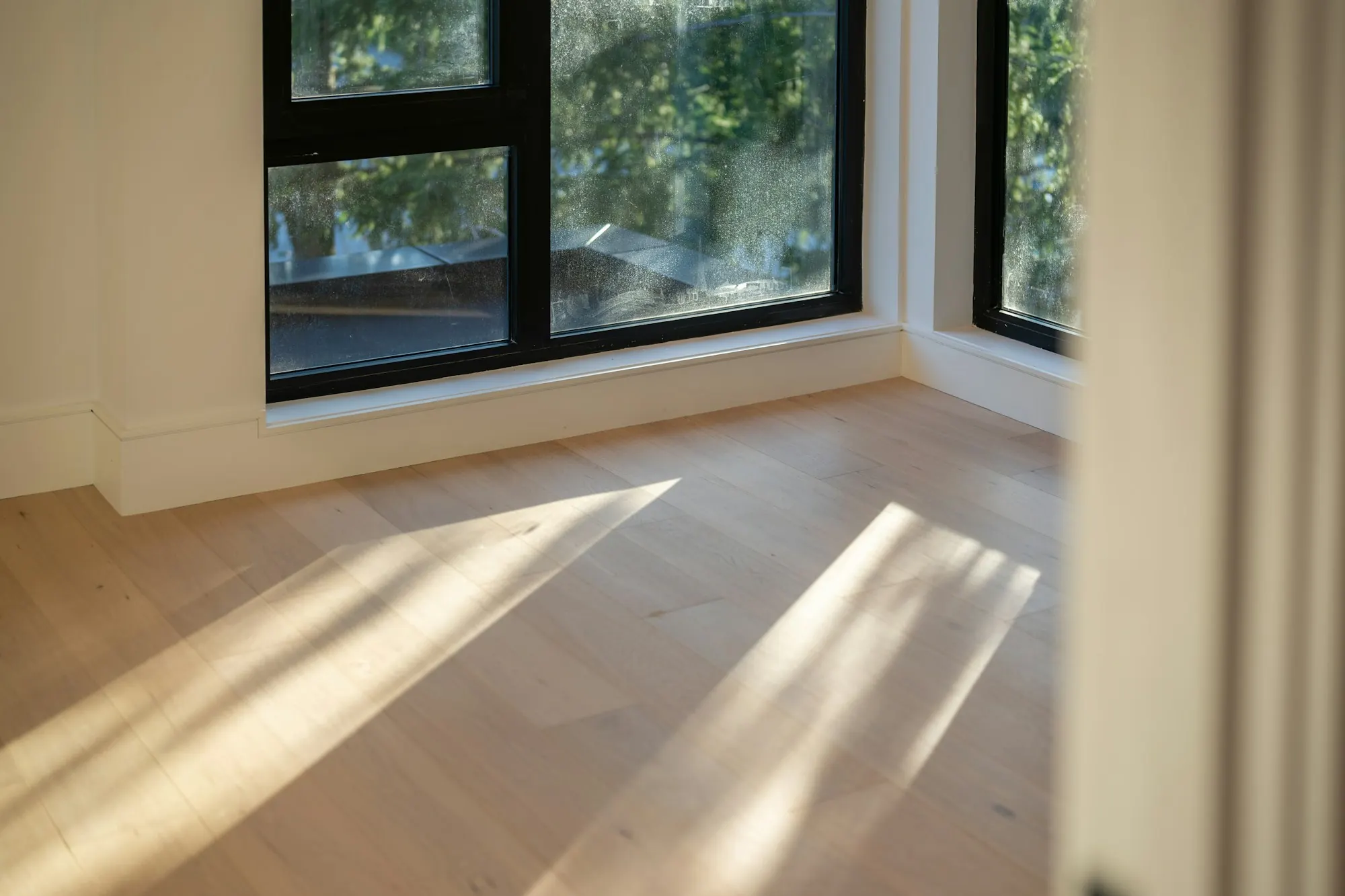 Soleil sur un parquet clair à lames larges, au pied de fenêtres à cadres noirs.