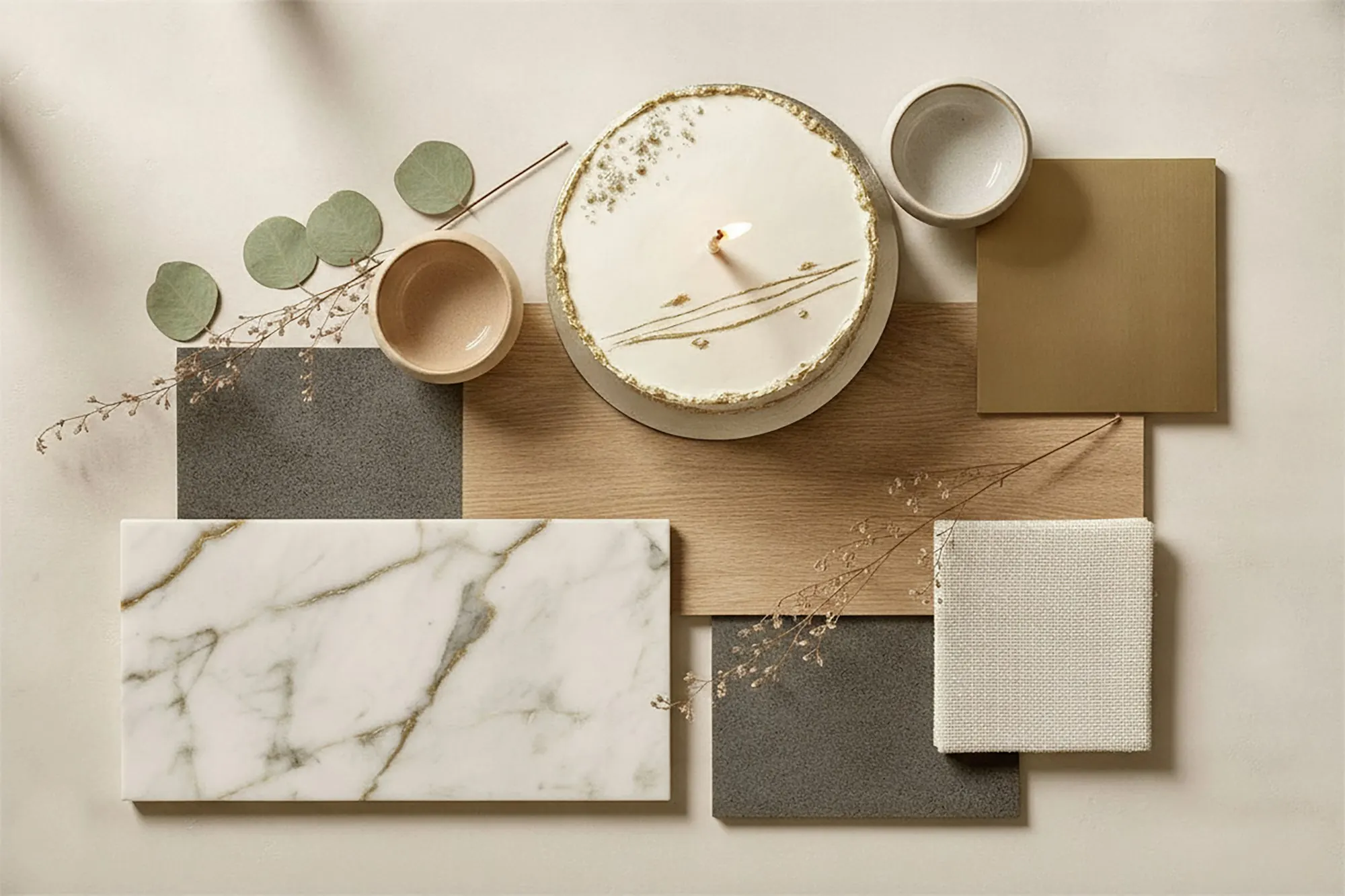 Planche de matériaux à plat : marbre veiné, échantillon de bois clair, tissu écru, pierre grise, bougie et eucalyptus.